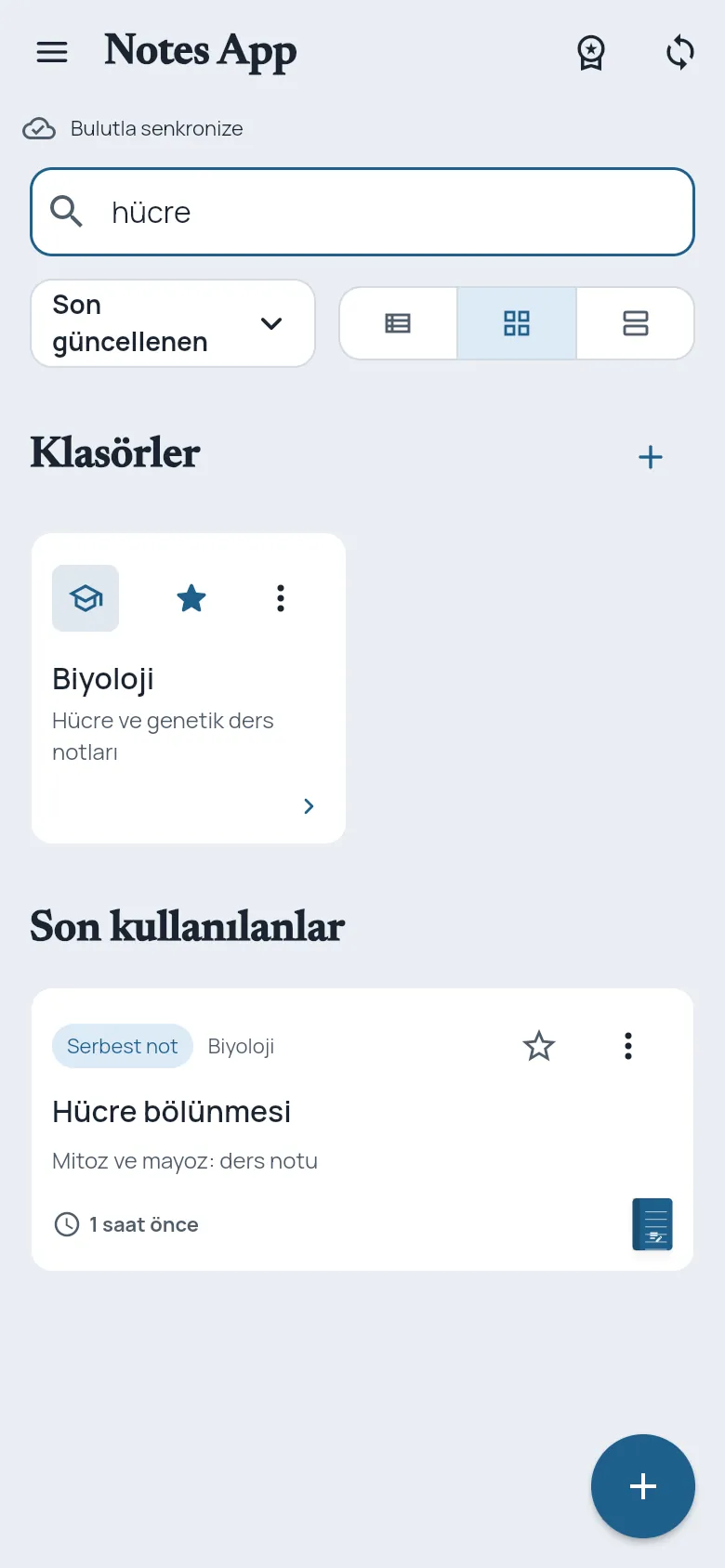 Telefonda “hücre” araması: eşleşen Biyoloji klasörü ve Hücre bölünmesi notu listeleniyor.