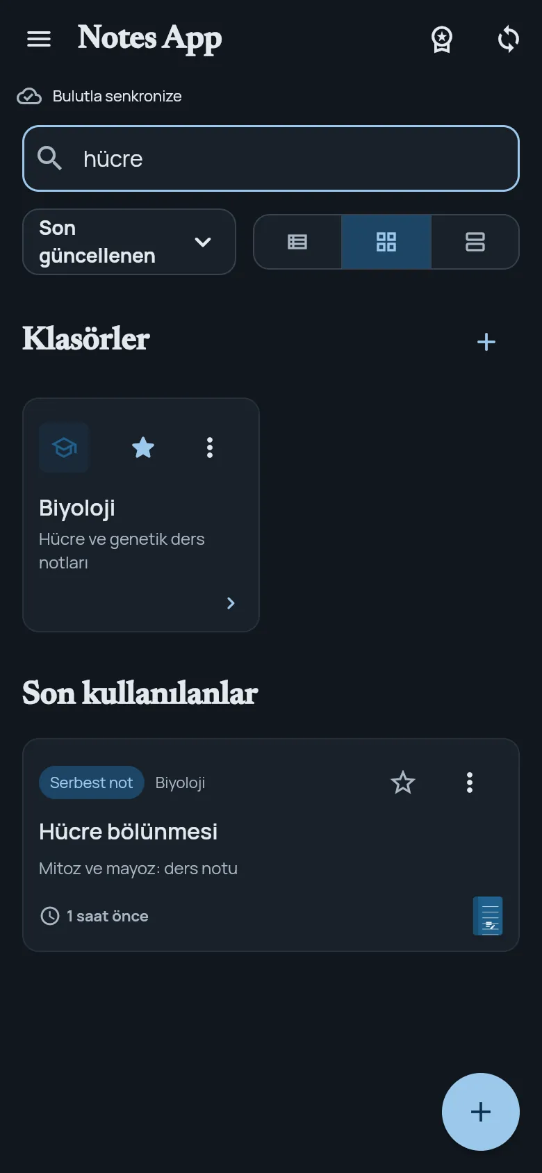 Telefonda “hücre” araması: eşleşen Biyoloji klasörü ve Hücre bölünmesi notu listeleniyor.