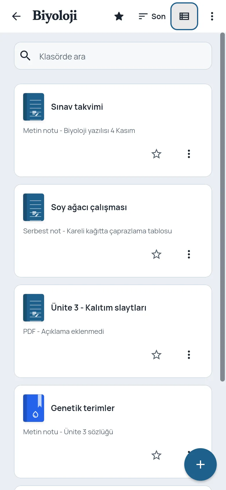Telefonda Biyoloji klasörü: metin notları, serbest notlar ve içe aktarılmış PDF slaytlar bir listede.