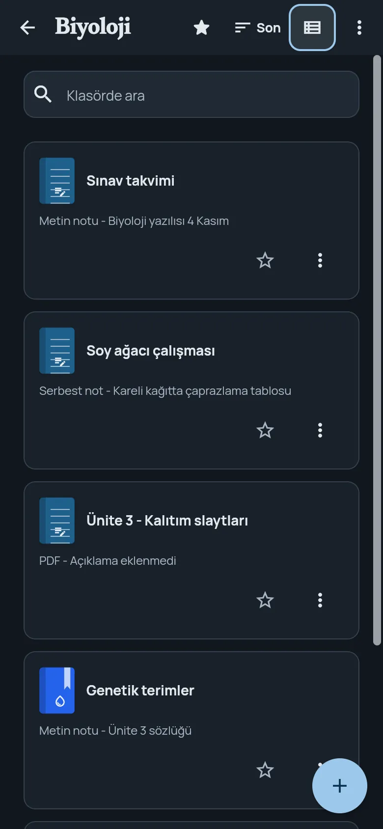 Telefonda Biyoloji klasörü: metin notları, serbest notlar ve içe aktarılmış PDF slaytlar bir listede.