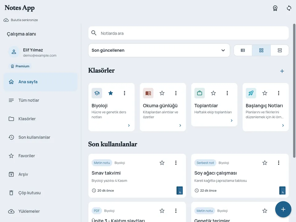 Tablette ana sayfa: üstte “Bulutla senkronize” durumu, klasörler ve son kullanılan notlar.