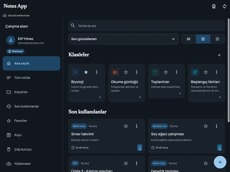 Tablette ana sayfa: üstte “Bulutla senkronize” durumu, klasörler ve son kullanılan notlar.